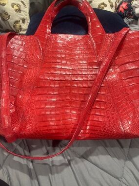 Nancy Gonzalez Glossy Red Croc-Embossed Tote with Shoulder Strap